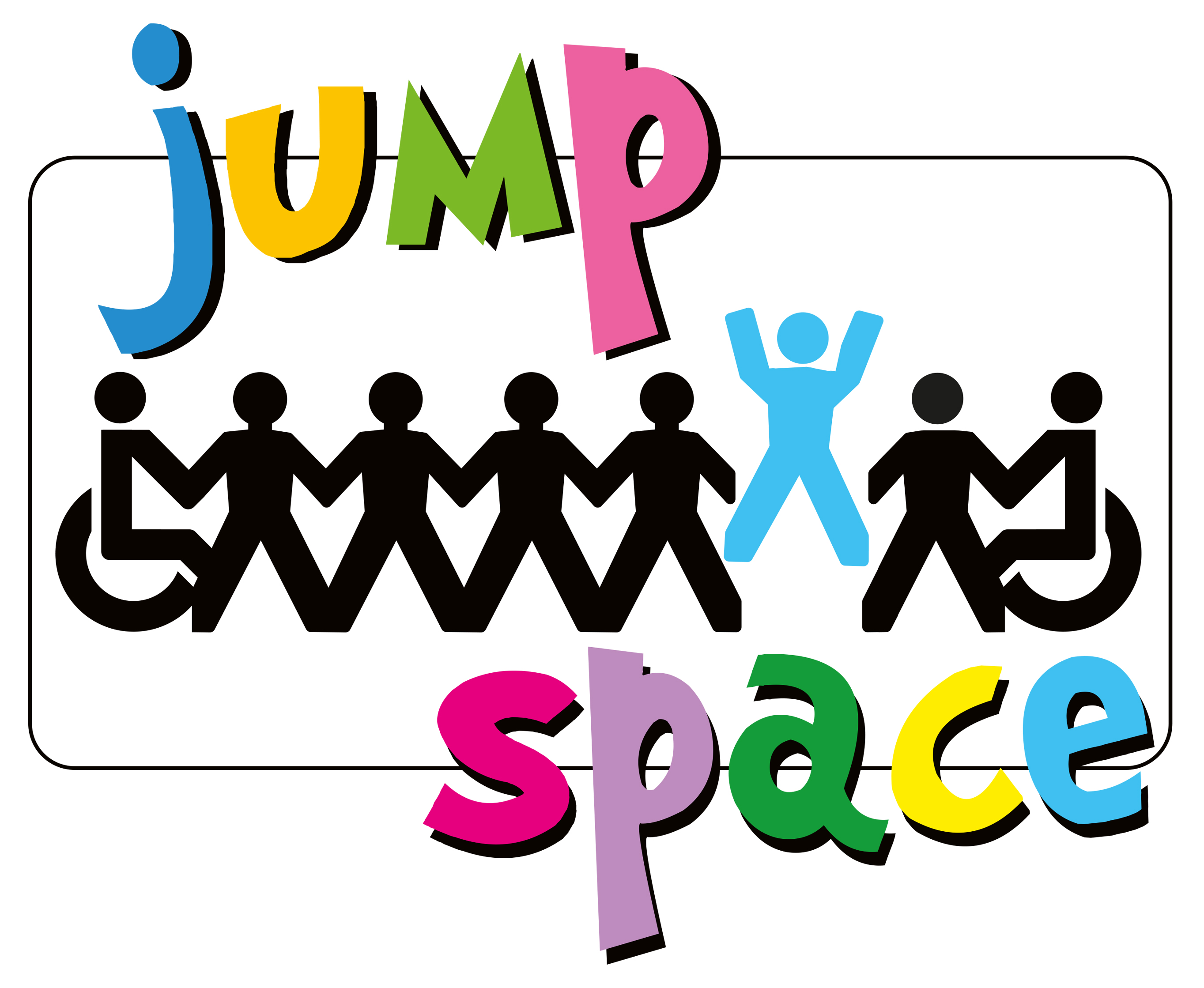 Jump Space Logo, shows people, some of whom are in wheelchairs, holding hands and one jumping. The name Jump Space is in bright multi-coloured font. 