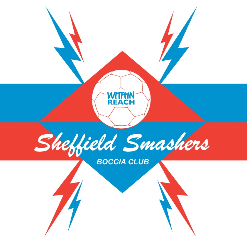 Red blue and white boccia club logo, a boccia ball in the centre with the text 'Sheffield Smashers Boccia Club' underneath